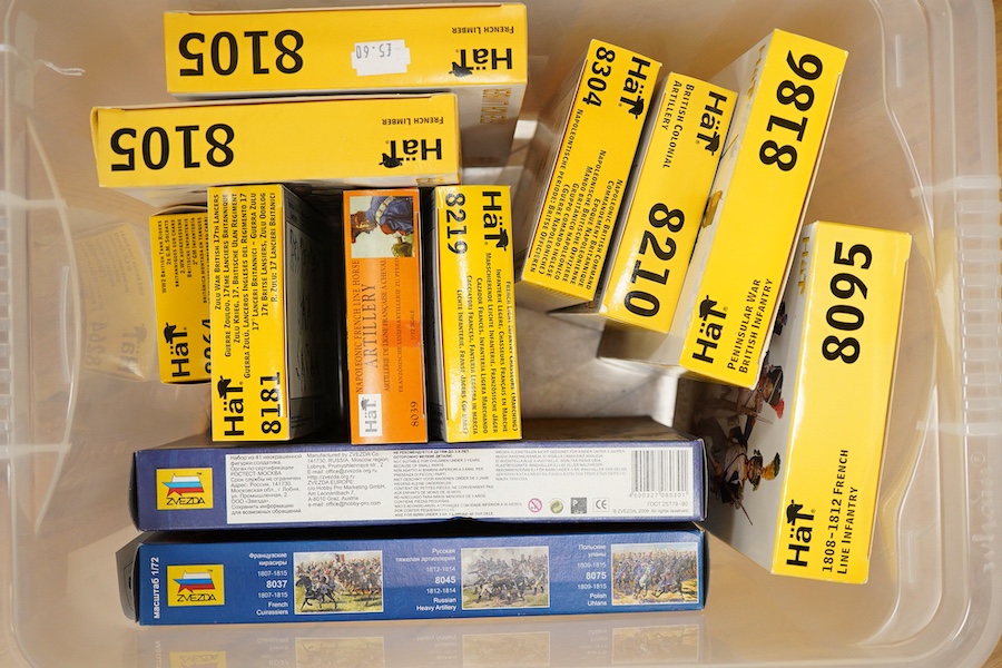 Thirty-one military themed plastic kits by HaT, Italeri, House of Campaign, 1:72 scale mainly early 19th century figures and accessories including the Peninsula War, Napoleonic campaigns, etc., generally appear to be unu